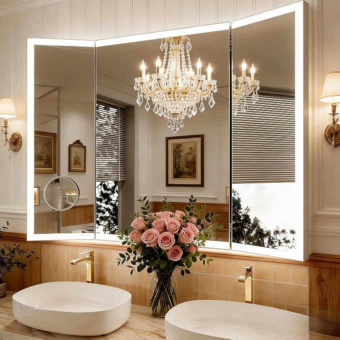 48"x36" Trifold LED Bathroom Mirror with Lights & Removable Magnifier, 180° Foldable, Front & Back Lit, Stepless Dimming, Adjustable Color Temperatures, Anti-Fog, Wall Mounted