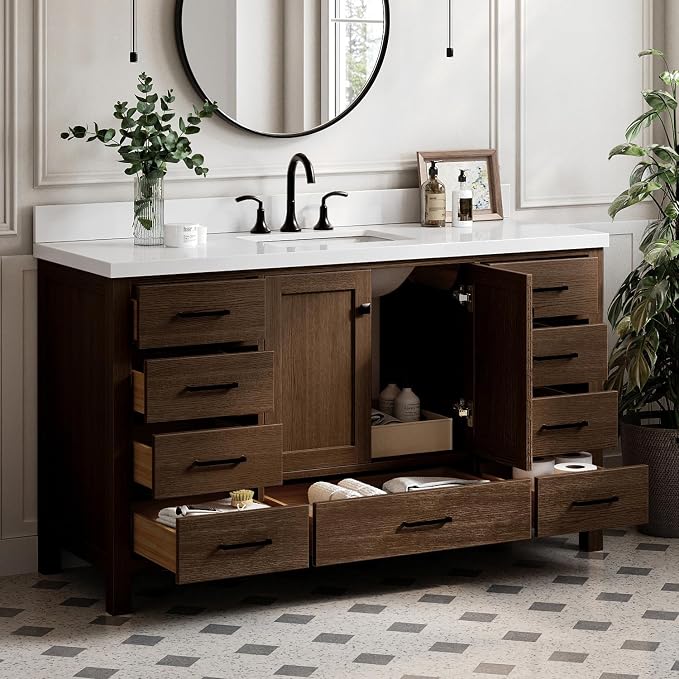 ARIEL Cambridge 60-inch Bathroom Vanity with Sink,Solid Wood, 1.5-inch Pure White Quartz Countertop, Single Rectangular Porcelain Sink, 2 Soft Closing Doors, 9 Dovetail Drawers, Brown Oak
