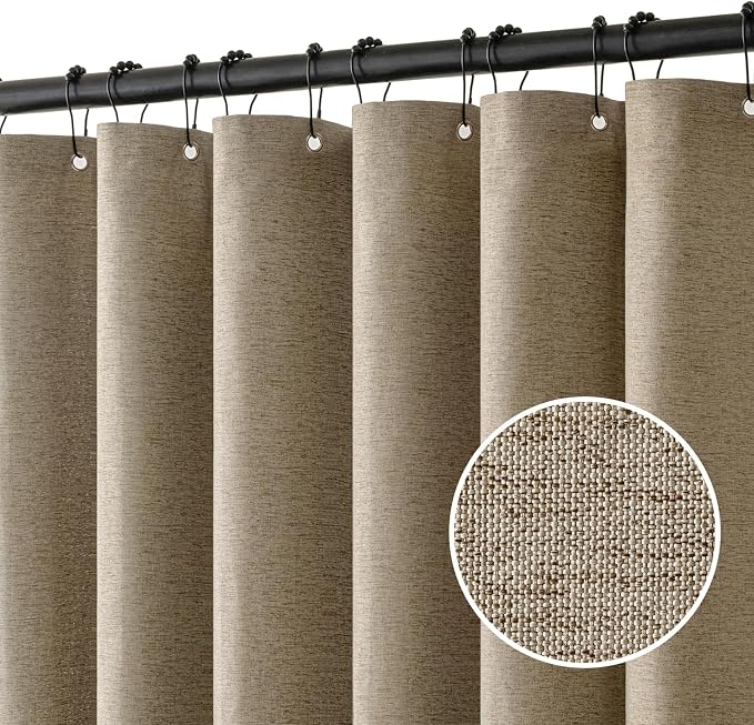 MIULEE 72 x 84 Extra Long Linen Shower Curtain Khaki 12 Metal Hooks | Washable, Fabric Shower Curtain, Waterproof Neutral Thick Cloth Shower Curtain, Bathroom Hotel Bathtub