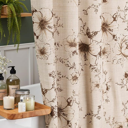 Vintage Floral Shower Curtain with 12 Clear Rings - 72" W x 84" L | Farmhouse Fabric Faux Linen Shower Curtain Set, French Country Cottagecore Style Shower Curtain for Bathroom