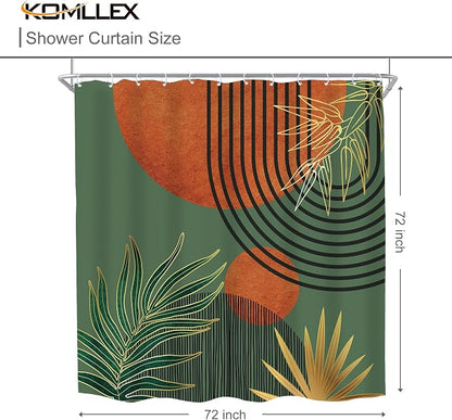 Mid Century Green Orange Boho Abstract Modern Bathroom Shower Curtain Set | 72Wx72L Sun Arch design, waterproof HD print with fast-drying fabric and 12 hooks.