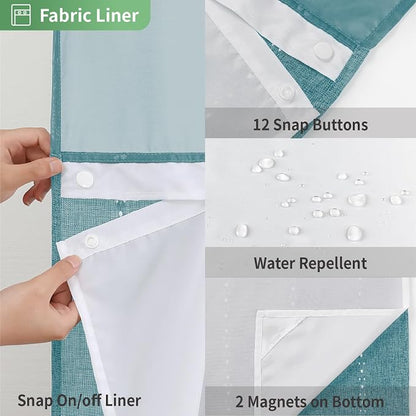 eachope Boho Farmhouse No Hook Shower Curtain with snap Liner,71x74,Teal | Snap-in Liner,330GSM Thick Linen Textured Rustic Striped Design,Water-Repellent with Tassels and Sheer Window for Bathroom