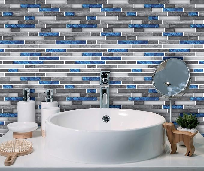 Art3d Peel and Stick Stone Wall Tile, 11.8 x 11.8 in, 10-Sheet, Blue Marble | Moisture Resistant, Strong Adhesive, Sturdy, Cleanable, Easy to Install, for Kitchen, Laundry Room, Ideal for New Home Buyers