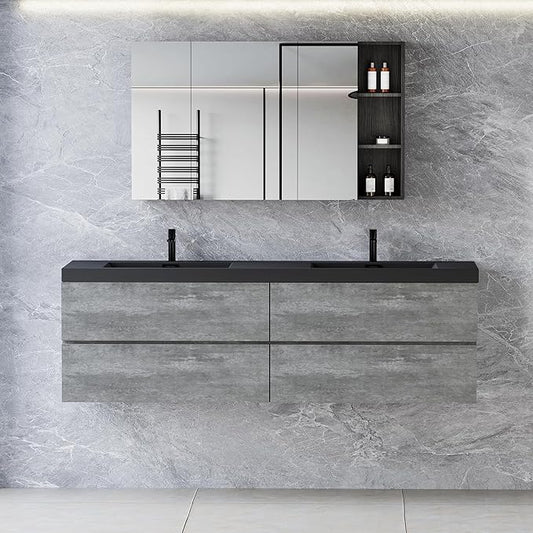 72 Inch Floating Bathroom Vanity with Double Sink, Modern Wall-Mounted Bathroom Vanity Storage Cabinet Organizer with Double Resin Top Basins and 4 Soft Close Drawers (Grey)