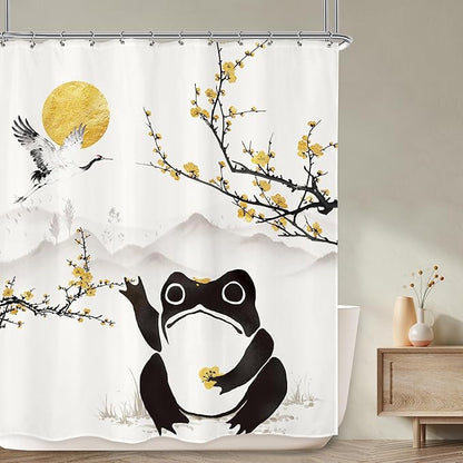 LGhtyro Funny Frog Shower Curtain Bathroom Set 60Wx71H Inches Asian Style Traditional Japanese Golden Plum Blossom Landscape Scenery Bath Accessories Sun Mountain Art Home Decor Fabric 12 Pack Hooks