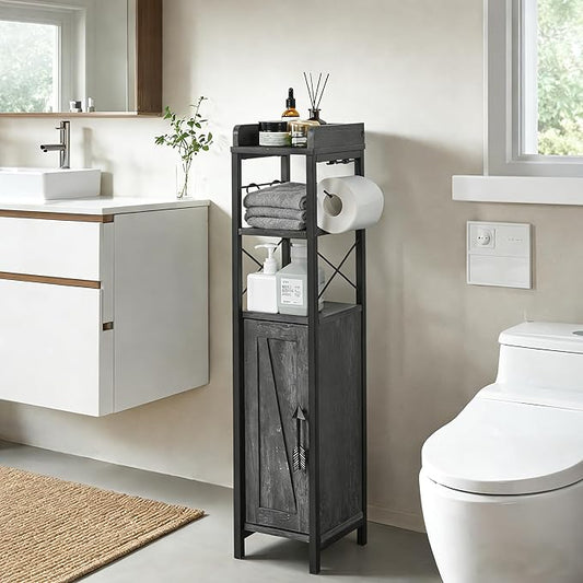 VECELO Small Bathroom Cabinet, Slim Toilet Paper Holder with Magnetic Door&2 Shelves, Narrow Storage Organizer for Bathroom Restroom Tiny Space, Fenced Top Waterproof Board, Coal Grey