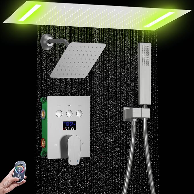 Dual Rain Shower Head System Ceiling Mount 14x20inch LED Shower Head and 8 Inch Side Shower Head with Handheld, Rainfall Shower Faucet Set (Brushed Nickel)