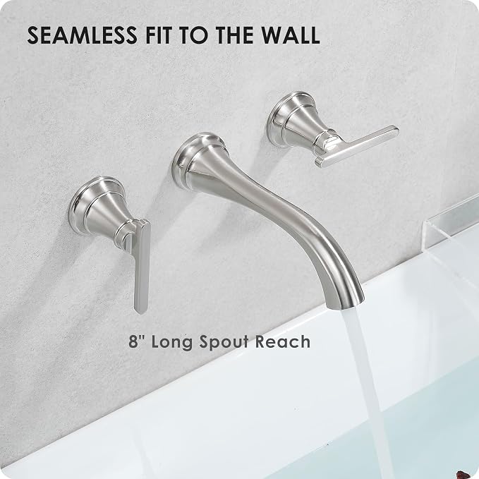 Brass Wall Mount Tub Filler, High Flow 8" Spout Reach Brushed Nickel Bathtub Faucet, 2 Handles Tub Faucets, Rough in Valve Included