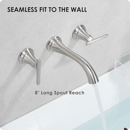 Brass Wall Mount Tub Filler, High Flow 8" Spout Reach Brushed Nickel Bathtub Faucet, 2 Handles Tub Faucets, Rough in Valve Included