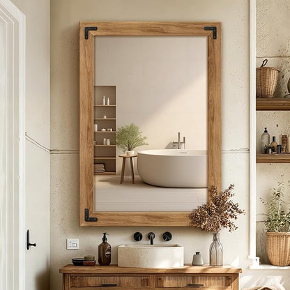 Wood Framed Bathroom Vanity Mirror for Wall, 26"x38" Farmhouse Mirror | Solid Wood Frame, HD Shatterproof Glass, Vertical/Horizontal Hanging, Ideal for Bathroom, Living Room, Bedroom