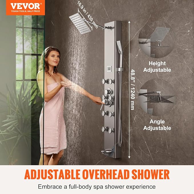 VEVOR Shower Panel Tower System, 5 Shower Modes, Digital Display Shower Panel, Rainfall, 8 Massage Jets, Tub Spout, 3-Setting Handheld Shower Head 59" Hose, Stainless Steel Wall-Mounted Shower Set