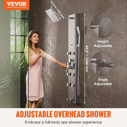 VEVOR Shower Panel Tower System, 5 Shower Modes, Digital Display Shower Panel, Rainfall, 8 Massage Jets, Tub Spout, 3-Setting Handheld Shower Head 59" Hose, Stainless Steel Wall-Mounted Shower Set