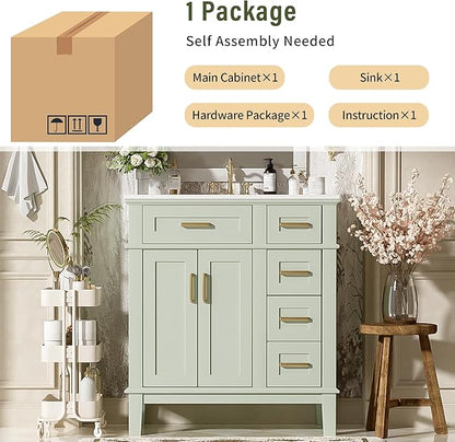 Favfurish 30" Bathroom Vanity with Ceramic Sink, Modern Storage Cabinet with Soft-Close Doors,Deep Drawer & Standard Drawer, Stylish Bath Vanity for Small Bathroom,Easy Assembly,Green