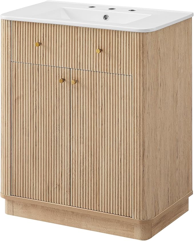 T4TREAM 30 Inch Bathroom Vanity with Sink, Modern Fluted Single Bathroom Vanity with Sink with Storage Cabinet, Adjustable Shelf, Natural Oak