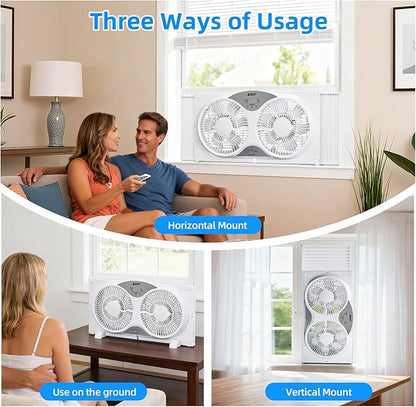 BEYOND BREEZE Window Fan Reversible Airflow, 9" Dual Window Fan with 3-Speed 3 Modes (Cool, Circulate, Exhaust), Remote Control Twin Window Fan 23.5" to 37" Adjustable Width for Bedroom, Kitchen, Home