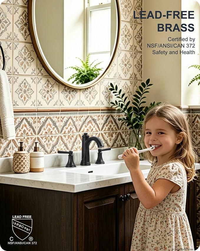 Bathroom Sink Faucet 3 Hole, Black Bathroom Faucet 8 Inch 2 Handles | Lead-Free Brass, Widespread Style, Pop-Up Drain, Pre-installed cUPC Water Hose, 10 Mins Install, For Lavatory Vanity Restroom