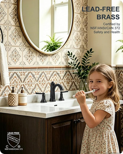 Bathroom Sink Faucet 3 Hole, Black Bathroom Faucet 8 Inch 2 Handles | Lead-Free Brass, Widespread Style, Pop-Up Drain, Pre-installed cUPC Water Hose, 10 Mins Install, For Lavatory Vanity Restroom