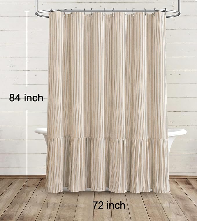 Farmhouse Shower Curtain Ruffle Linen Cream-Beige Stripe 72"W x 84"L | Farmhouse Boho, Striped, Bottom Ruffle, Linen Fabric, Rustic, Country, Natural Look, Washable, for Bathroom Bathtub