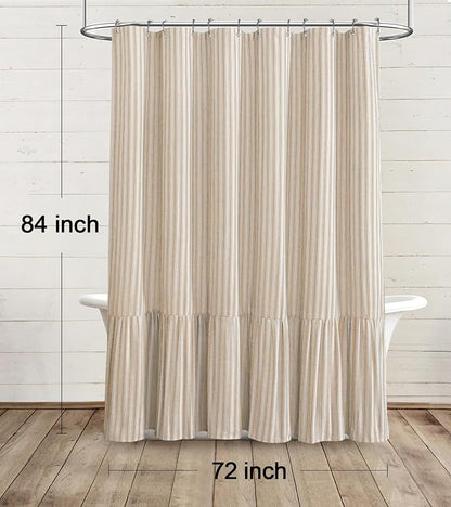 Farmhouse Shower Curtain Ruffle Linen Cream-Beige Stripe 72"W x 84"L | Farmhouse Boho, Striped, Bottom Ruffle, Linen Fabric, Rustic, Country, Natural Look, Washable, for Bathroom Bathtub