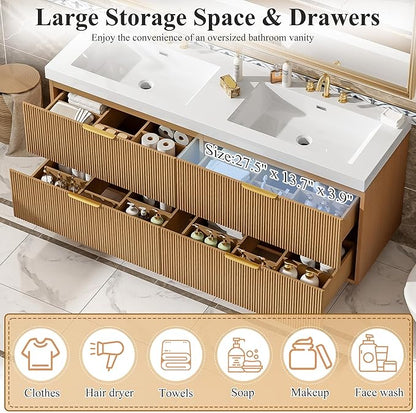 60" Bathroom Vanity with Sink Combo, Floating Double Sink Bathroom Vanity with SMC Resin Top, MDF Cabinet with 4 Drawer, Wall-Mounted Bath Room Vanities for Large Bathrooms (60''-Wood-4)