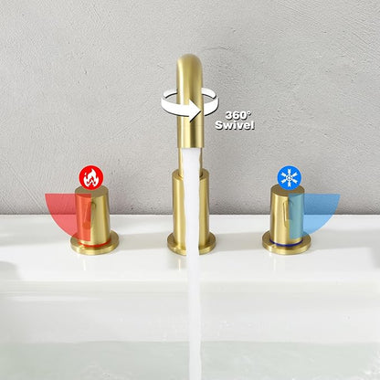 Bathroom Faucets for Sink 3 Hole, Brushed Gold Bathroom Faucet with Pop up Drain, Stainless Steel 2 Handle 8 Inch Widespread Gold Bathroom Sink Faucet for Vanity, AML-21754-BG