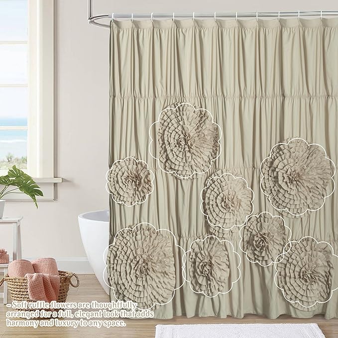 72 x 72 Camel Vintage Ruffled Floral Shower Curtain, Farmhouse Decorative Bathroom Curtain with Ruched 3D Flowers, Cottage Cloth Bath Curtain for Home Decor, Microfiber (LQ-41)