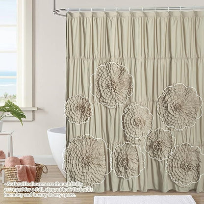 72 x 72 Camel Vintage Ruffled Floral Shower Curtain, Farmhouse Decorative Bathroom Curtain with Ruched 3D Flowers, Cottage Cloth Bath Curtain for Home Decor, Microfiber (LQ-41)