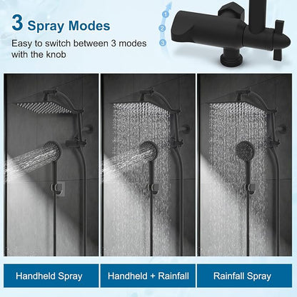 Hibbent All Metal 8" High Pressure Rain Shower Head Combo, Matte Black | cUPC Certified Rainfall Shower Head with handheld 10 Sprays, 16'' Adjustable Extension Arm, 71'' Hose, Showerhead Holder