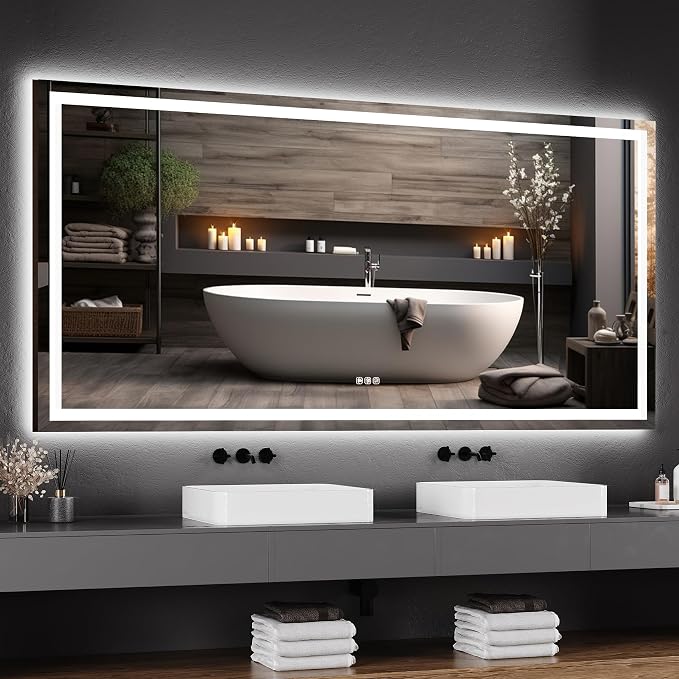 GarveeHome 60x30 LED Bathroom Mirror with Lights, Dimmable, Anti-Fog, Backlit + Front Lit, Lighted Bathroom Vanity Mirror for Wall, Memory Function, Tempered Glass, Shatter-Proof (Horizontal/Vertical)