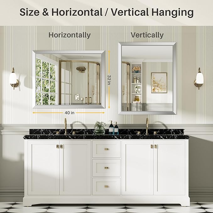40x32 Inch Brushed Silver Bathroom Mirror for Wall, Thick Metal Framed Rectangle Mirrors for Over Sink, Bedroom, Living Room, Entryway, Anti-Rust, HD Tempered Glass