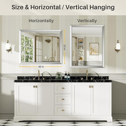 40x32 Inch Brushed Silver Bathroom Mirror for Wall, Thick Metal Framed Rectangle Mirrors for Over Sink, Bedroom, Living Room, Entryway, Anti-Rust, HD Tempered Glass