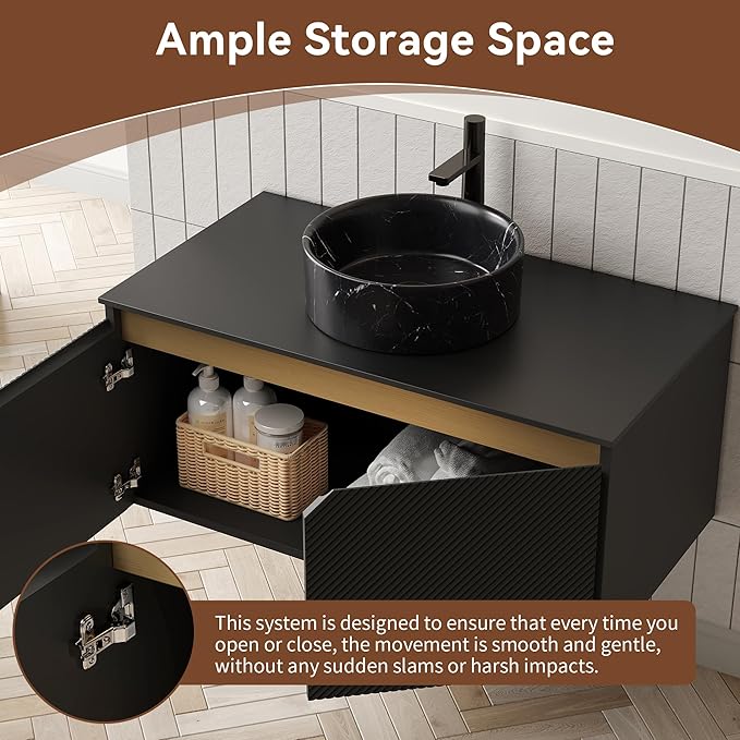 Bathroom Vanity with Sink 36 Inch, Floating Modern Vanity with Vessel Sink, Fluted Bathroom Vanity Cabinet with 2 Doors with Metal Trim, Black Round Sink & Sintered Stone Top, Black