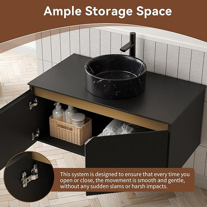 Bathroom Vanity with Sink 36 Inch, Floating Modern Vanity with Vessel Sink, Fluted Bathroom Vanity Cabinet with 2 Doors with Metal Trim, Black Round Sink & Sintered Stone Top, Black