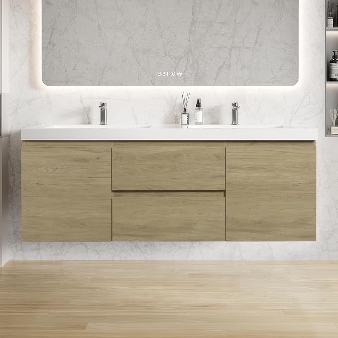 60 Inch Floating Bathroom Vanity with Double Sink, Large Storage Wall Mounted Floating Vanity with Soft Close Drawers, One-Piece Basin Bathroom Sink Cabinet (Natural Oak, 60" Double Sink)