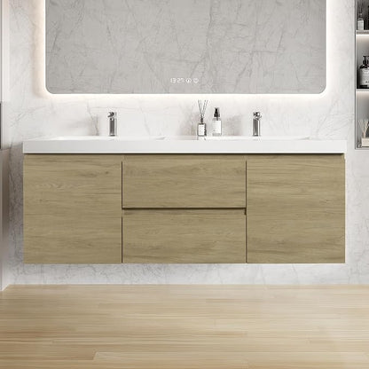 60 Inch Floating Bathroom Vanity with Double Sink, Large Storage Wall Mounted Floating Vanity with Soft Close Drawers, One-Piece Basin Bathroom Sink Cabinet (Natural Oak, 60" Double Sink)