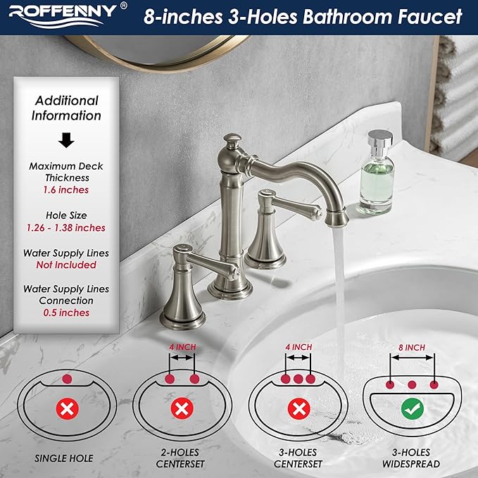 2-Handle Brushed Nickel Bathroom Faucet 8 inch Widespread for 3 Holes with Plastic Pop-Up Drain, Classic Bathroom/Lavatory/Vanity Sink Faucets, High Arc 360° Swivel Brass Spout