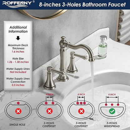2-Handle Brushed Nickel Bathroom Faucet 8 inch Widespread for 3 Holes with Plastic Pop-Up Drain, Classic Bathroom/Lavatory/Vanity Sink Faucets, High Arc 360° Swivel Brass Spout