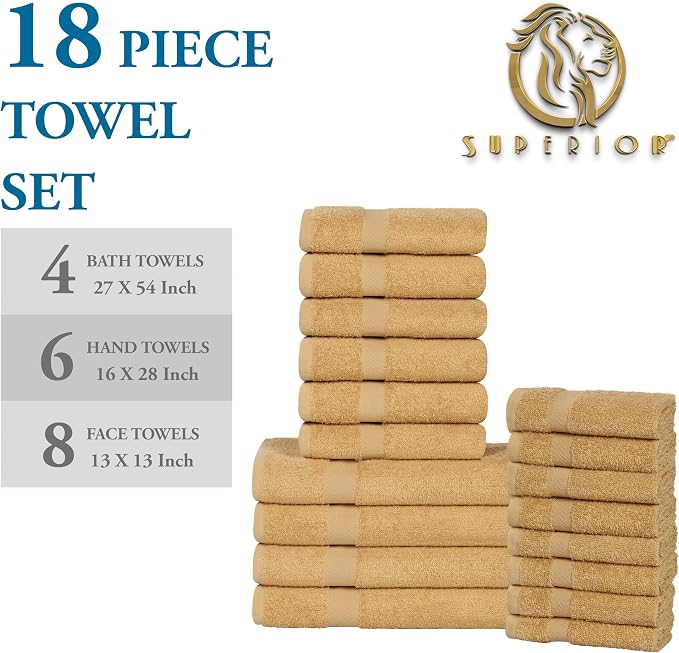 SUPERIOR 18-Piece Cotton Assorted Towel Set, Includes 8 Face Towel, 6 Hand, and 4 Bath Towels, Home, Bathroom, Guest Bath Essentials, Quick Dry, Absorbent, Franklin Collection - Gold