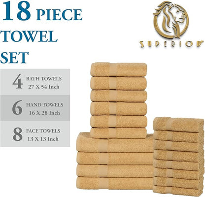 SUPERIOR 18-Piece Cotton Assorted Towel Set, Includes 8 Face Towel, 6 Hand, and 4 Bath Towels, Home, Bathroom, Guest Bath Essentials, Quick Dry, Absorbent, Franklin Collection - Gold