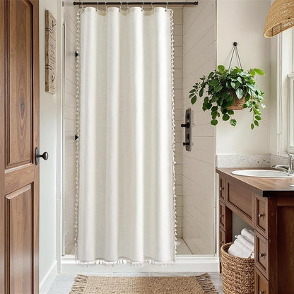 Stall Natural Boho Linen Shower Curtain 48 Inches Neutral French Country Curtain for Bathroom Farmhouse Weighted Tassel Shower Curtain Set with Hooks Modern Vintage Style Decor 48x72, Cream