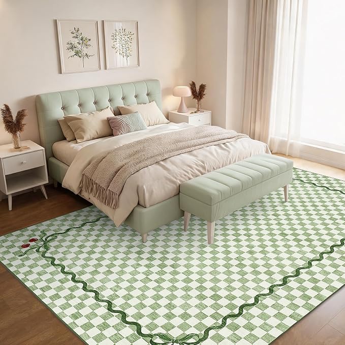 Garvee Washable Sage Green 10x13 Area Rug for Living Room Checkered Cherry | Coquette Large Non Slip Soft Bedroom Rugs Large Low Pile Stain Resistant Carpet for Nursery Dining Room Classroom