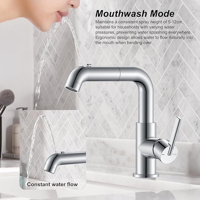 Chrome faucet with water flowing into a sink, featuring text about mouthwash mode.