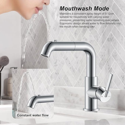 Chrome faucet with water flowing into a sink, featuring text about mouthwash mode.