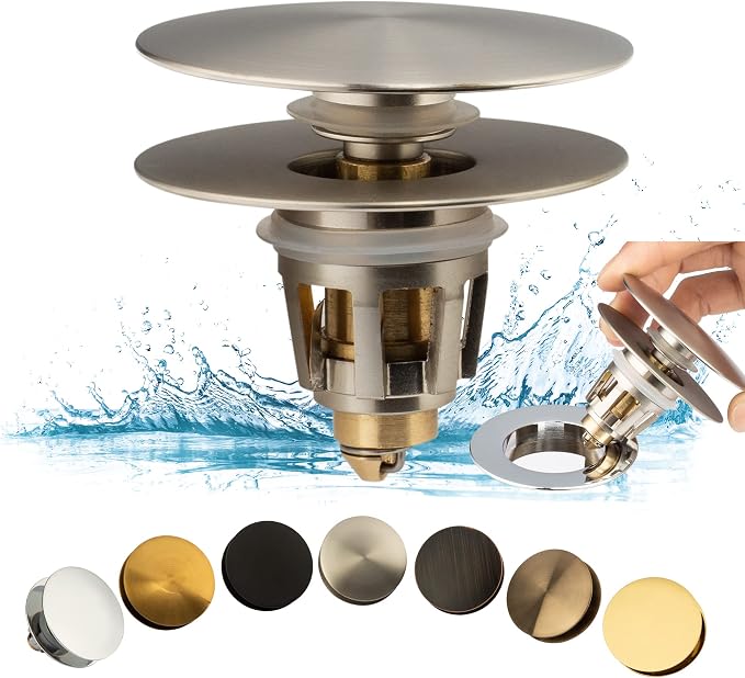 Universal Bathroom Sink Drain Stopper, Fits Most Pop-Up Drains for Vessel Sink Lavatory Vanity, Sink Drain Strainer with Detachable Hair Catcher, Tested by Plumber in US (Brushed Nickel)