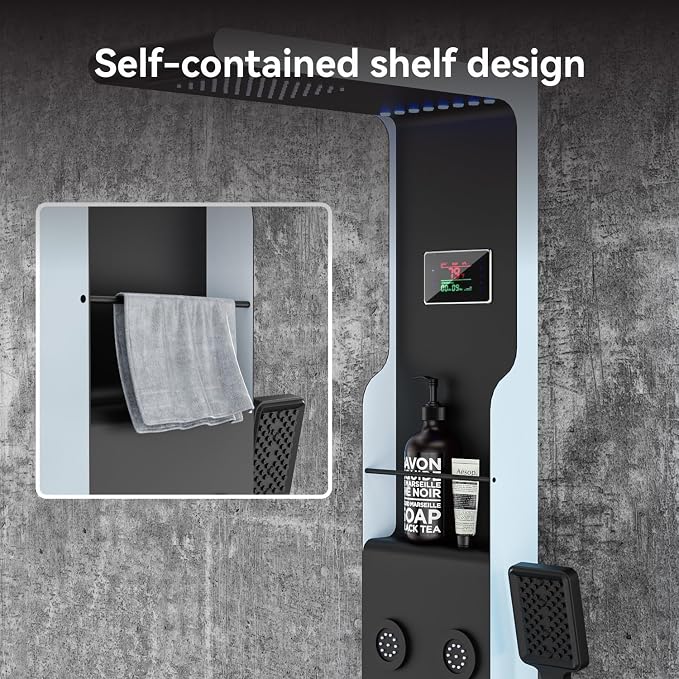 ELLO&ALLO LED Shower Panel Tower System with Shelf, Rainfall Shower Head and Rain Massage System with Body Jets, Stainless Steel Bathroom Fixtures, Matte Black&Slive
