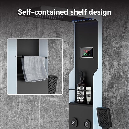 ELLO&ALLO LED Shower Panel Tower System with Shelf, Rainfall Shower Head and Rain Massage System with Body Jets, Stainless Steel Bathroom Fixtures, Matte Black&Slive
