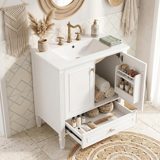 Merax 30 Inch Bathroom Vanities with Undermount Sink, Vanity Cabinet with Door Rack Shelf, Multi-Functional Drawer with Dividers, Soft Closing Doors, White