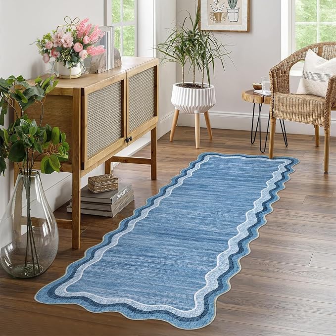 Garvee Washable Runner Rug 2x6 Modern Solid Scalloped Kitchen Runner Blue | Modern Long Runner Rug for Entryway Bedroom, Non Slip Low Pile Solid Runner Rugs for Entryway, Nursery Rugs Runner