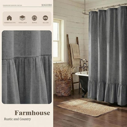 Farmhouse Shower Curtain Ruffle Linen Flax Dark Gray 72" W x 72" L | Linen Fabric, Farmhouse Boho, Bottom Ruffle, Rustic, Country, Natural Look, Washable, Shower Curtain for Bathroom Bathtub