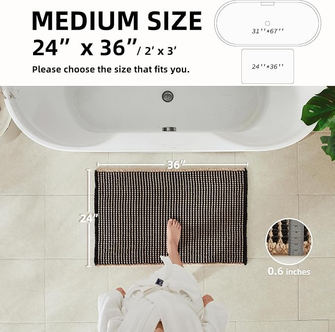 TYUU Waffle Bath Mat, Boho Bathroom Rugs Non Slip, 36x24 Khaki & Black | Super Absorbent Quick Dry Bath Rug, Non-Slip Backing, Soft Waffle Washable Farmhouse Bathroom Mats, Tub, Shower & Home Decor